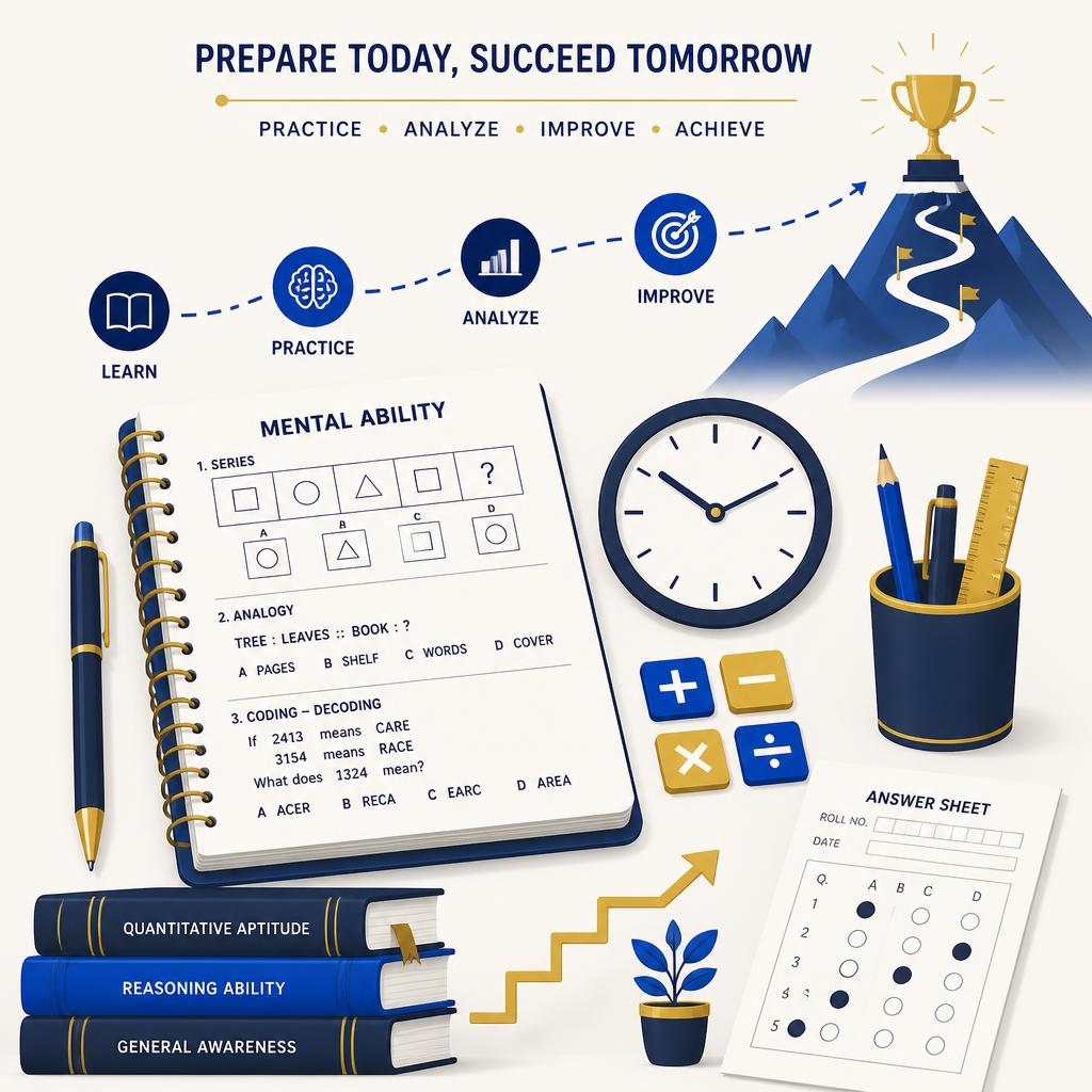 Illustration of JNV entrance exam preparation areas: mental ability, arithmetic and language